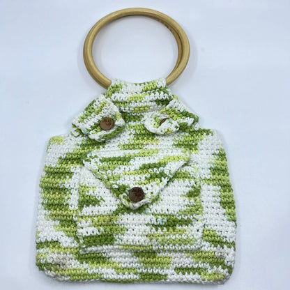 Vintage Handmade Green Crocheted Beach Purse Handbag Wood Handle 9” TC6