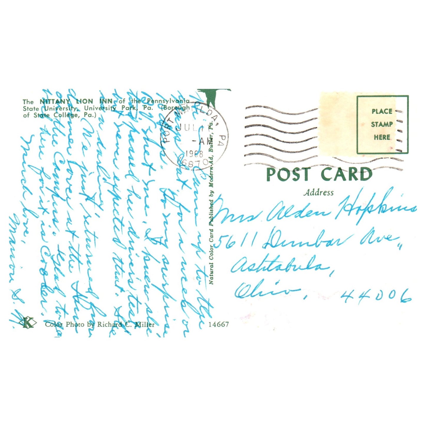 Vintage Postcard - Nittany Lion Inn University Park Pennsylvania 1968 P4-6