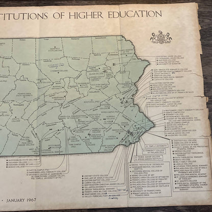 1967 Pennsylvania Institutions of Higher Education Fold Out Map 17x27" TG1