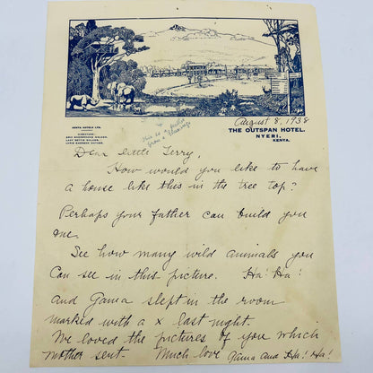 1938 The Outspan Hotel Nyeri Kenya Letterhead Letter Lithograph Elephants AA4