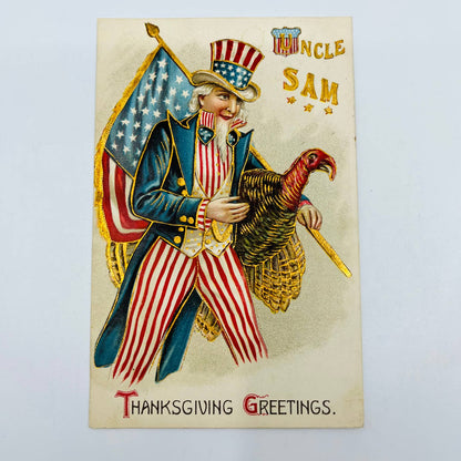 1908 Thanksgiving Post Card Uncle Sam Turkey Dresden Gilt Embossed Flag PA3