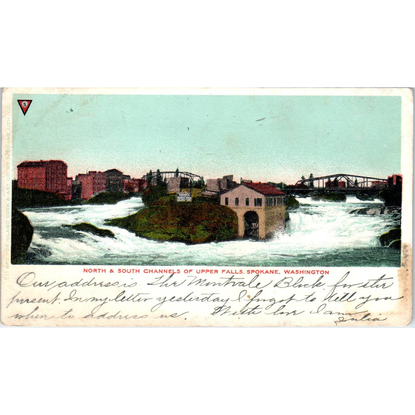 Antique Postcard North & South Channel Upper Falls Spokane Washington TD9-W2