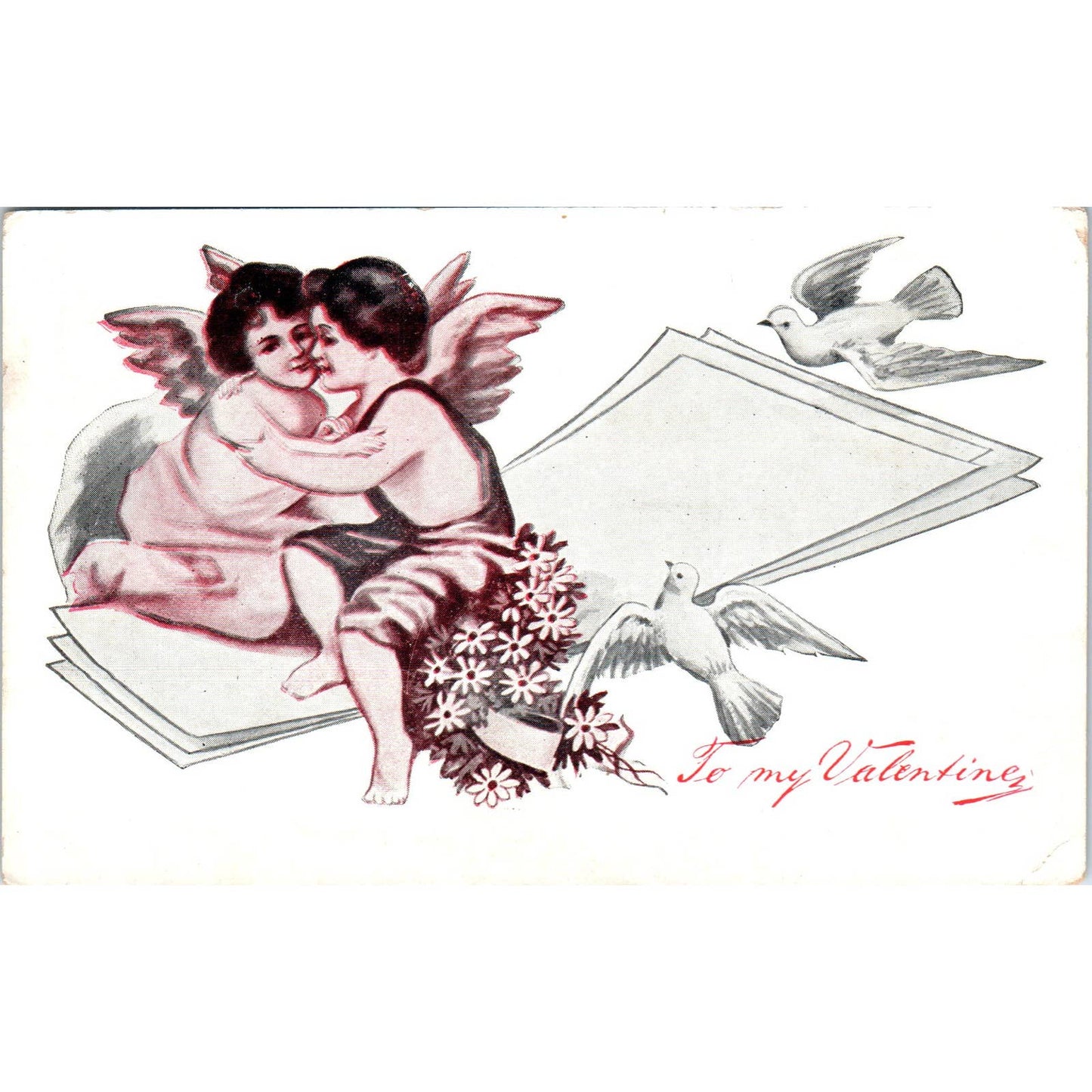 Angels Hugging Doves Fly Bird Valentines Day - Original Postcard TJ7-RP3