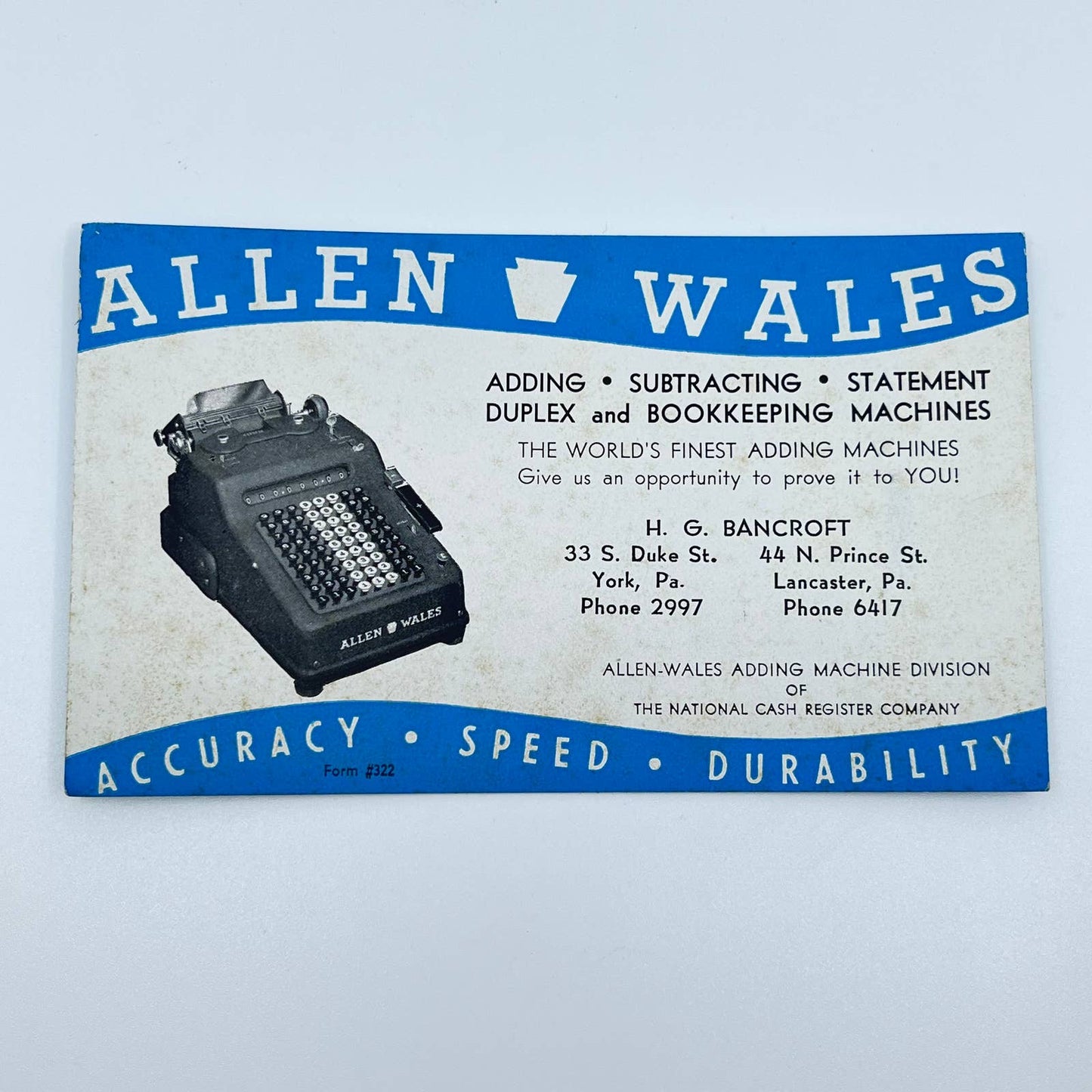 Vintage Blotter Card Allen Wales Adding Machines H.G. Bancroft Lancaster PA D4