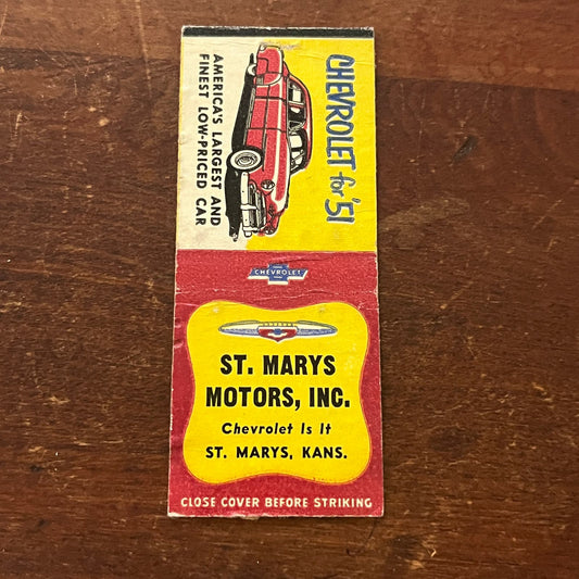 St. Mary's Motors 1951 Chevrolet St Marys KS Advertising Matchbook Cover SA9-M11