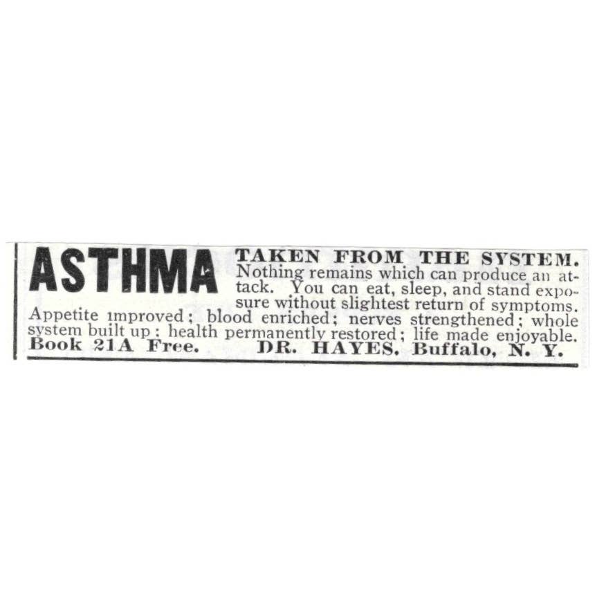 Asthma Quack Medicine Dr. Hayes Buffalo NY - 1903 Original Ad TJ8-7-3
