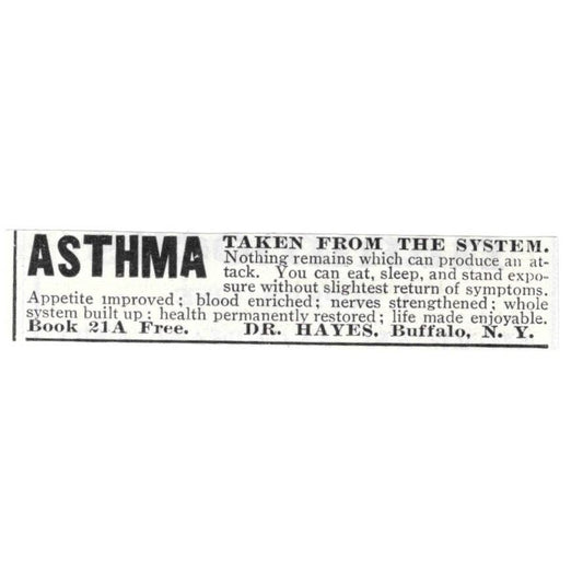 Asthma Quack Medicine Dr. Hayes Buffalo NY - 1903 Original Ad TJ8-7-3