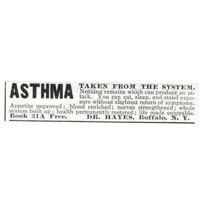 Asthma Quack Medicine Dr. Hayes Buffalo NY - 1903 Original Ad AK5-S29