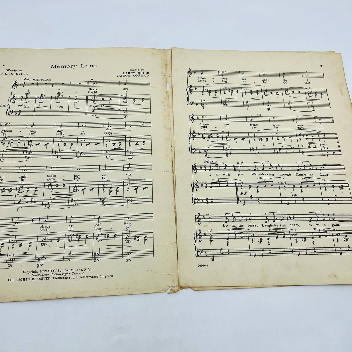 1924 Memory Lane Larry Spier Con Conrad Sheet Music TD6