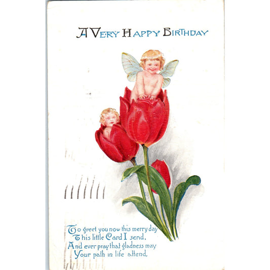 Birthday Fairies Face in Flower Tulips Embossed c1920 Original Postcard P1-12-4