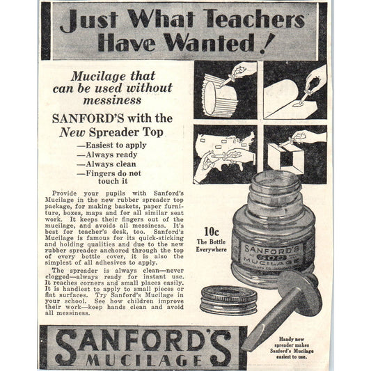 1931 Sanford's Mucilage Rubber Spreader Top Bottle Advertisement ~5x6 FL5-1