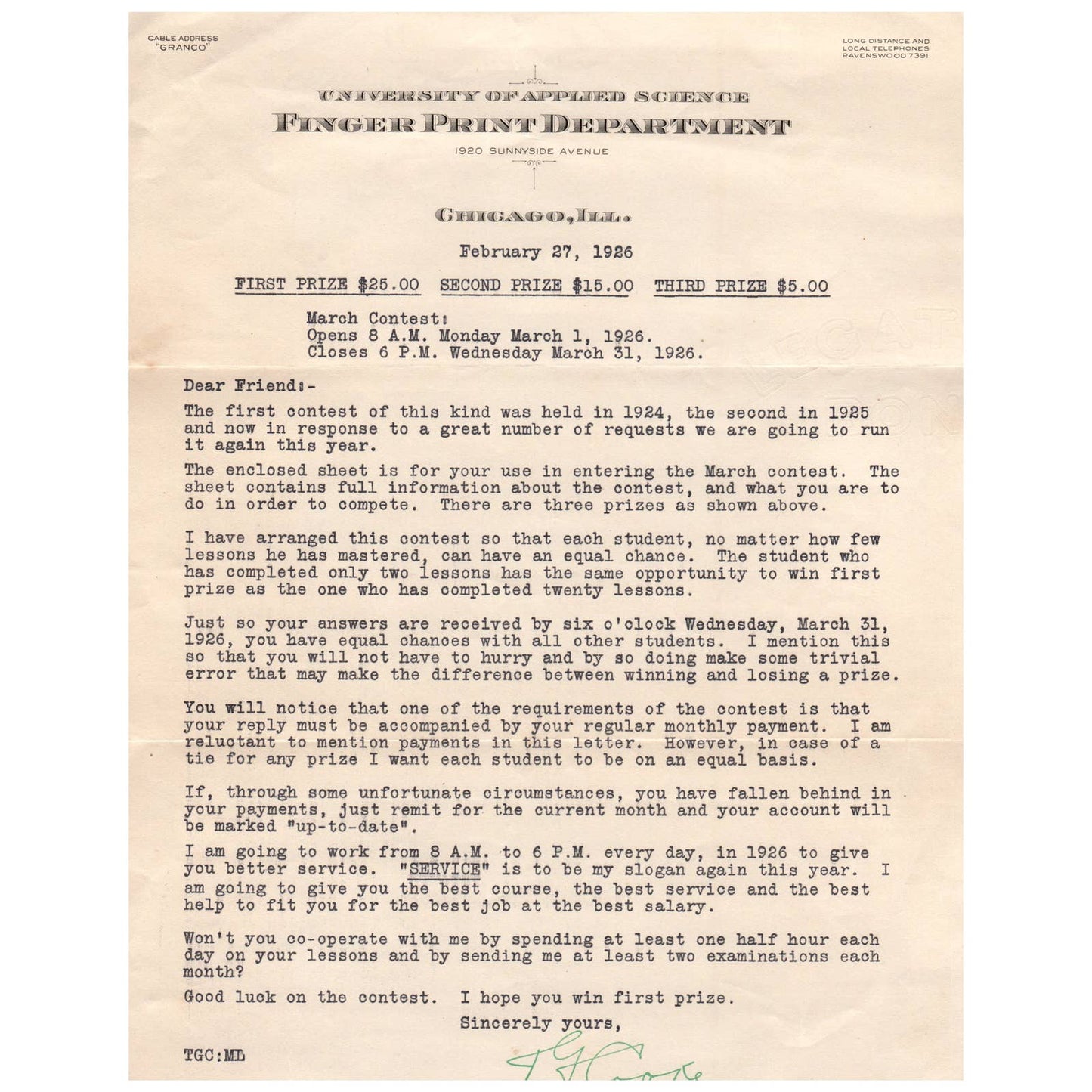 Original 1926 T.J. Cooke Fingerprint Expert Chicago IL Contest Announcement AD8