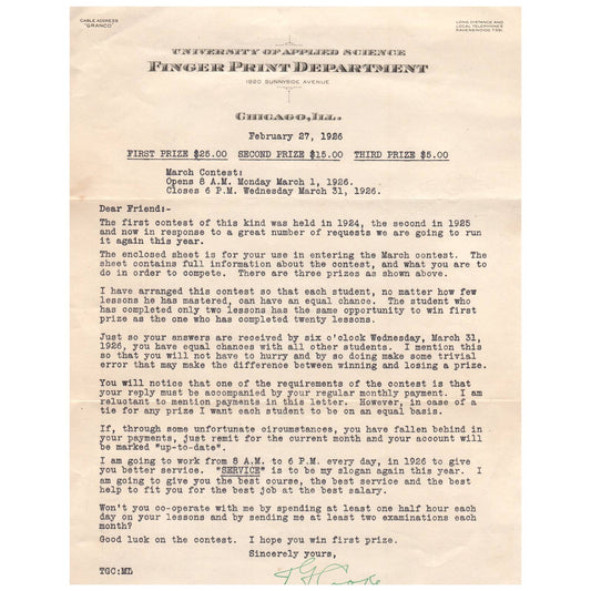 Original 1926 T.J. Cooke Fingerprint Expert Chicago IL Contest Announcement AD8