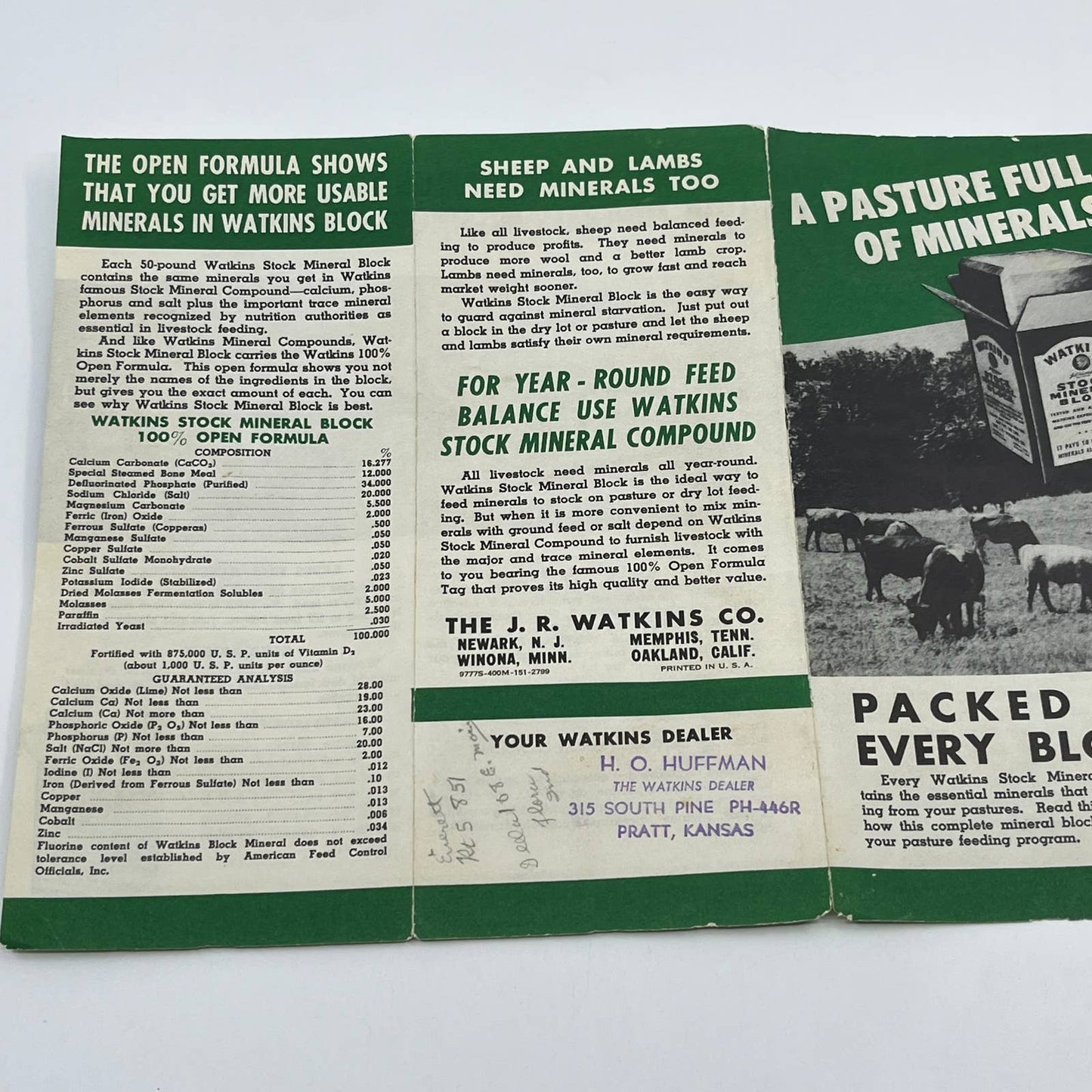 1950s Watkins Stock Mineral Block Farming Brochure H.O. Huffman Pratt KS AC1