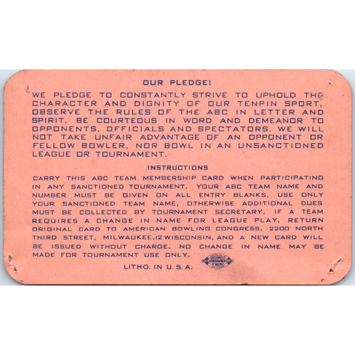 1948 American Bowling Congress Milwaukee Membership Card Eagles 825 SE5-11