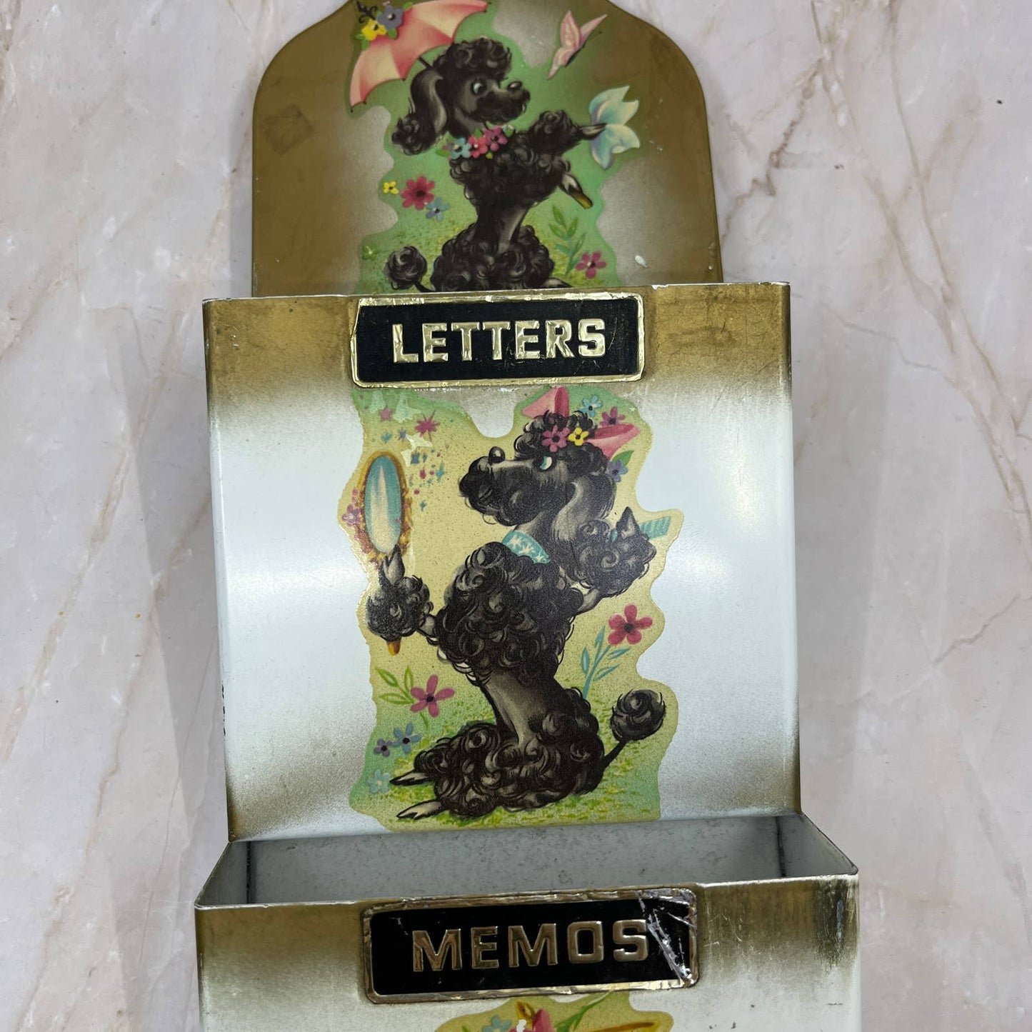 MCM 1960s Black Poodle Metal Wall Organizer Letters Memos 3 Key Holders TI7