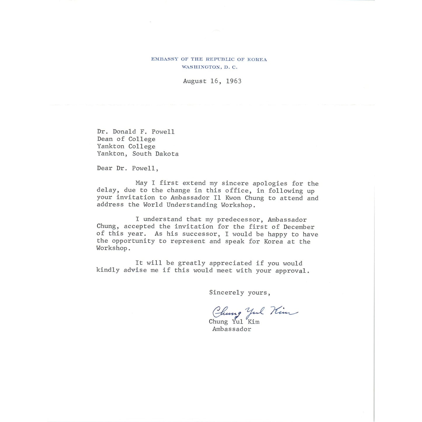 Embassy of Republic of Korea Official Letterhead Chung Yul Kim 8/16/63 B9