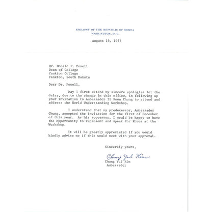 Embassy of Republic of Korea Official Letterhead Chung Yul Kim 8/16/63 B9