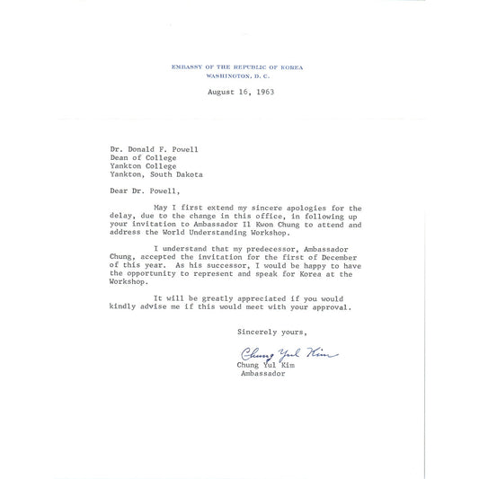 Embassy of Republic of Korea Official Letterhead Chung Yul Kim 8/16/63 B9
