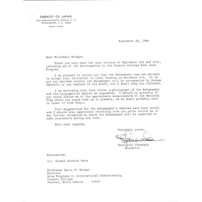 Embassy of Japan Letterhead Memo Shun-Ichi Yamanaka 9/26/66 B14