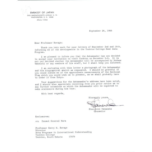 Embassy of Japan Letterhead Memo Shun-Ichi Yamanaka 9/26/66 B14