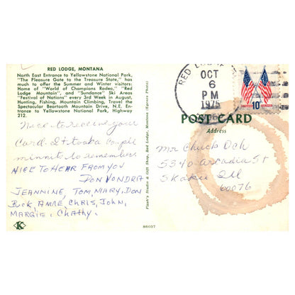 Vintage Postcard - Red Lodge Montana Northeast Entrance to Yellowstone Park AD9