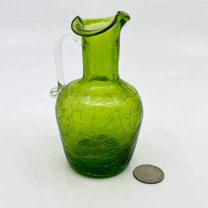 Vintage Pilgrim Crackle Glass Pitcher Avocado Green 5" Hand Blown TE3