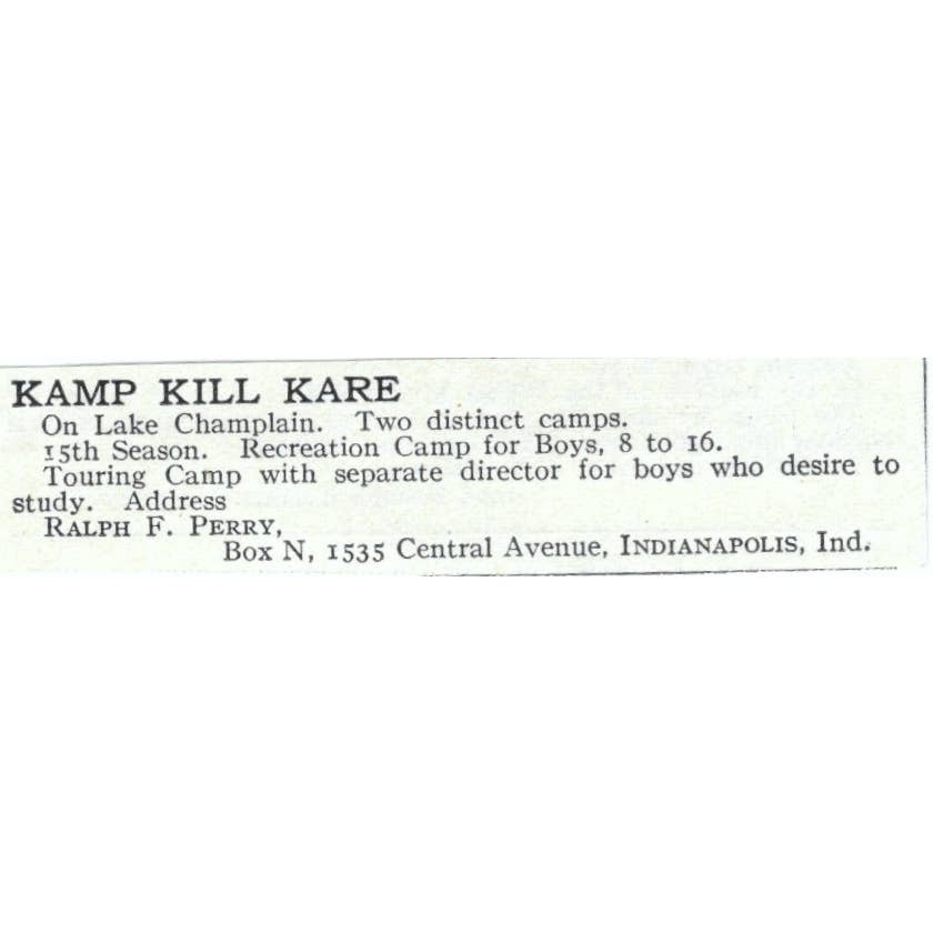 Kamp Kill Kare on Lake Champlain Ralph F. Perry - 1921 Original Ad TJ7-S6