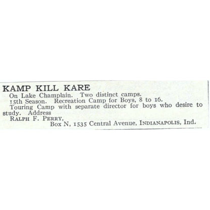 Kamp Kill Kare on Lake Champlain Ralph F. Perry - 1921 Original Ad TJ7-S6
