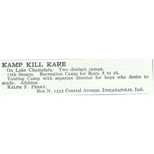 Kamp Kill Kare on Lake Champlain Ralph F. Perry - 1921 Original Ad TJ7-S6