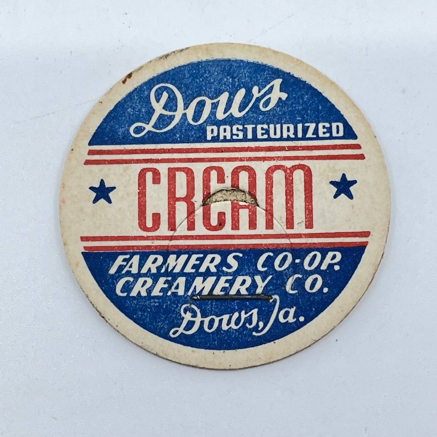 Vtg Milk Bottle Cap Dows Pasteurized Cream Farmers Co-Op Creamery Dows IA SD3