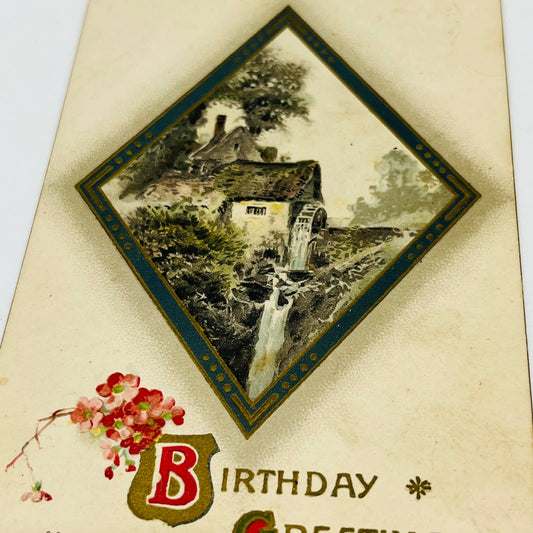 1910s Birthday Post Card WINSCH Art Deco Embossed Dresden Mill Waterfall PA5