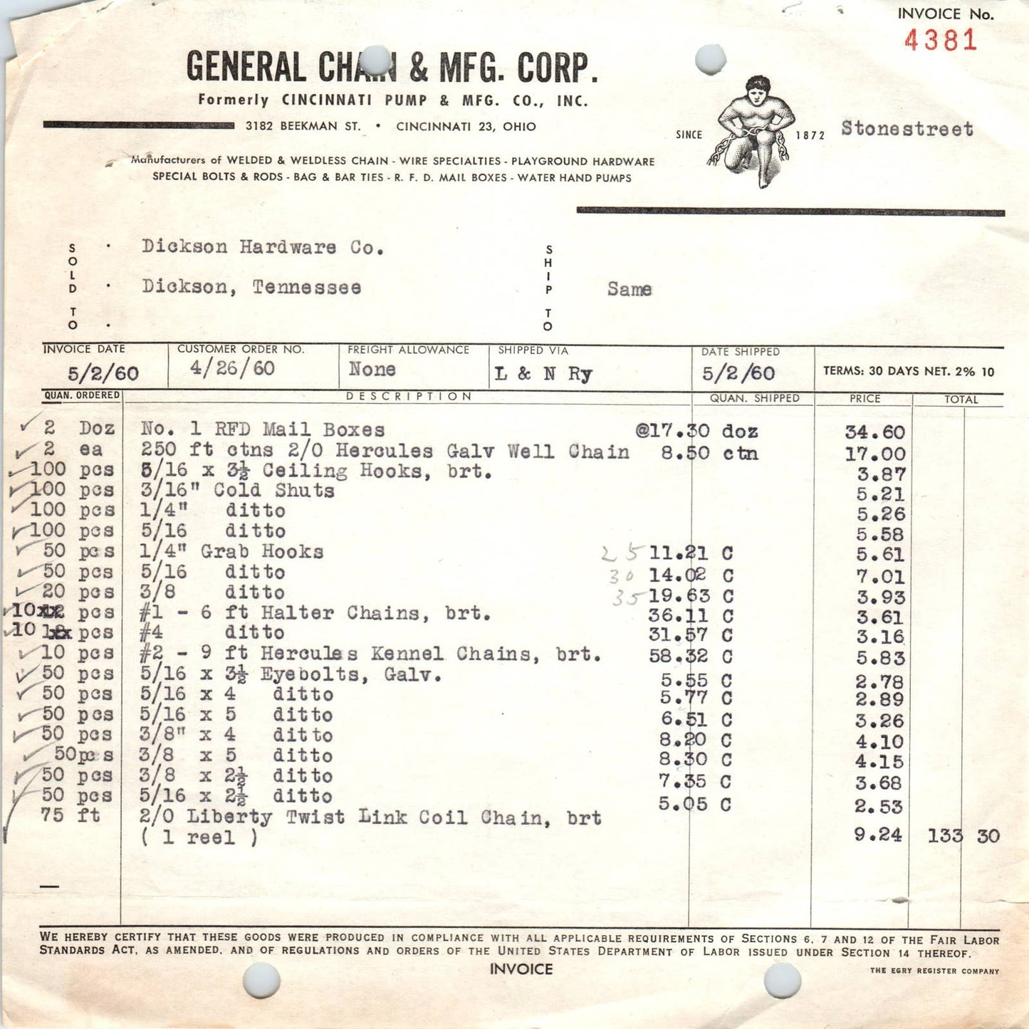 1960 May 2 - General Chain Mfg Corp Billhead Receipt Dickson TN AD5