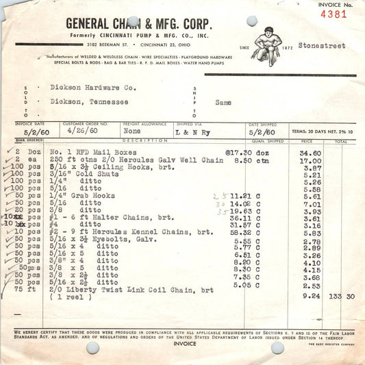 1960 May 2 - General Chain Mfg Corp Billhead Receipt Dickson TN AD5