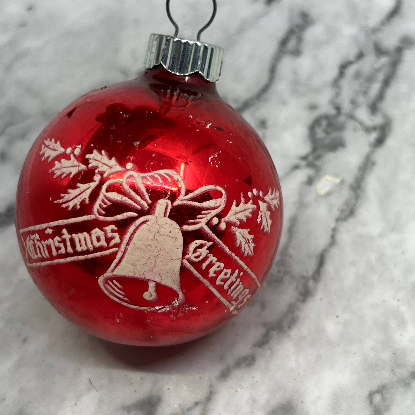 Vtg Mini Shiny Brite Glass Red "Christmas Greetings" Stencil Ornament 1.75" OT1