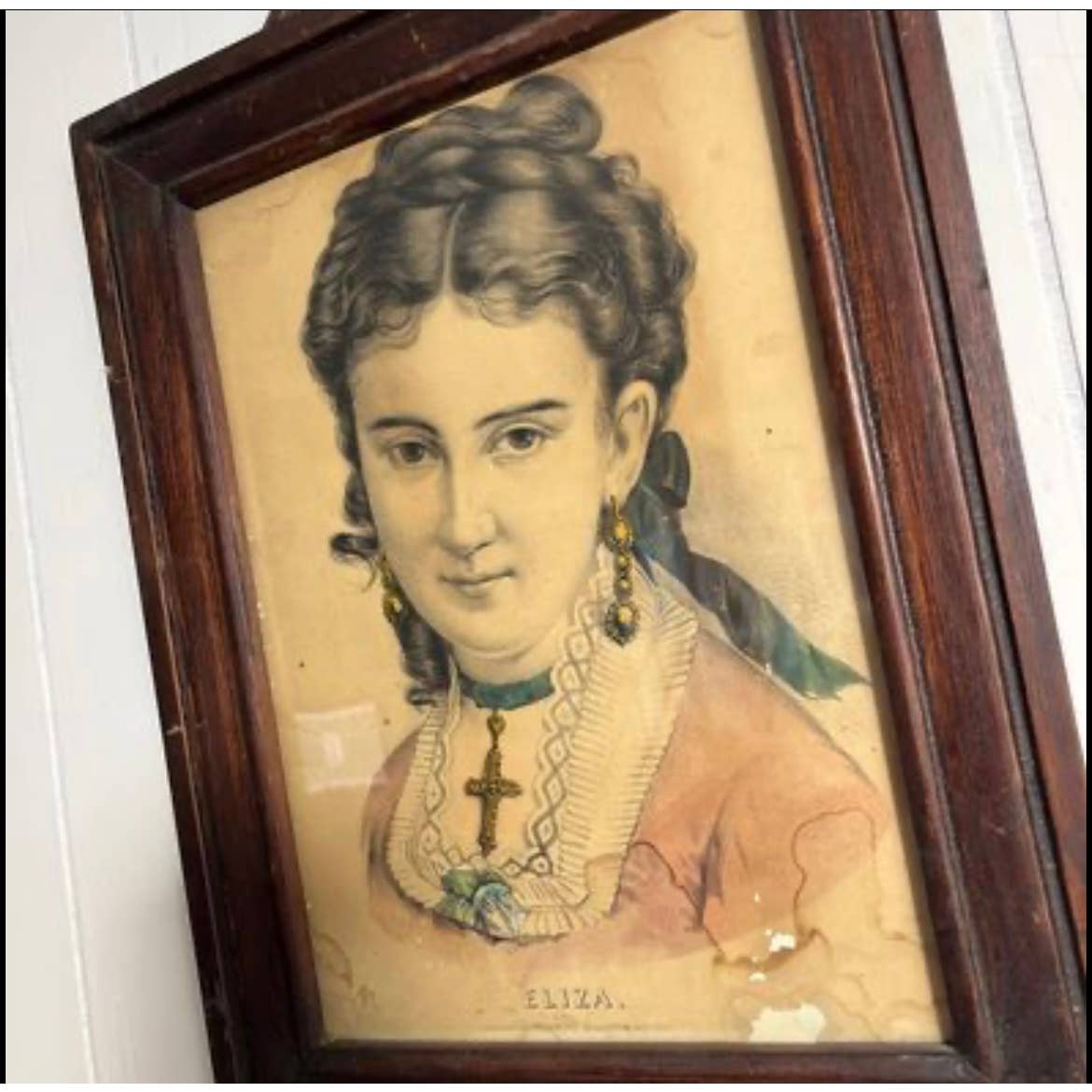 1860s Civil War Era Currier & Ives Eliza Distressed Lithograph Wood Frame 14x20