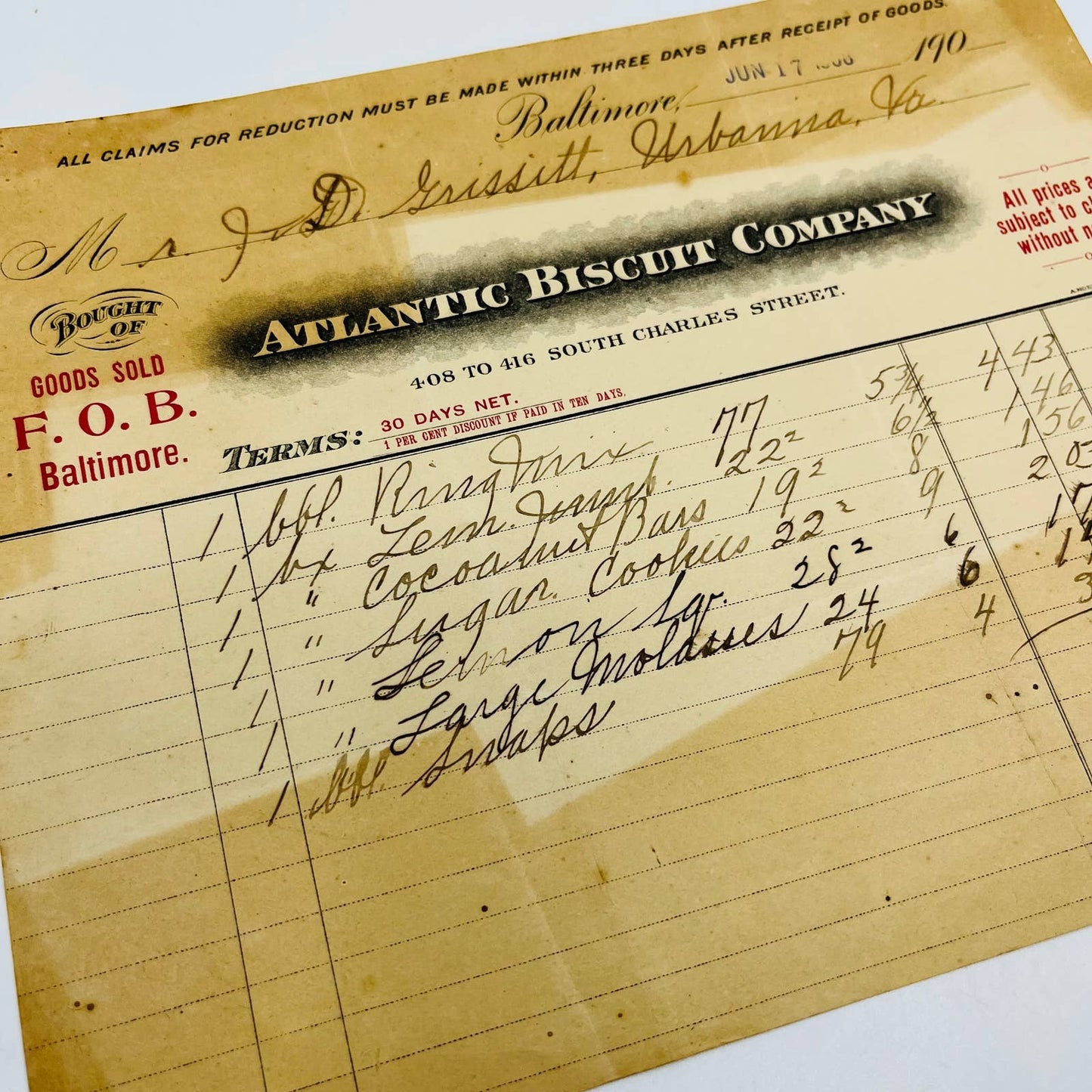 1908 Atlantic Biscuit Company Baltimore MD Billhead Letterhead Receipt AA4