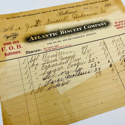 1908 Atlantic Biscuit Company Baltimore MD Billhead Letterhead Receipt AA4