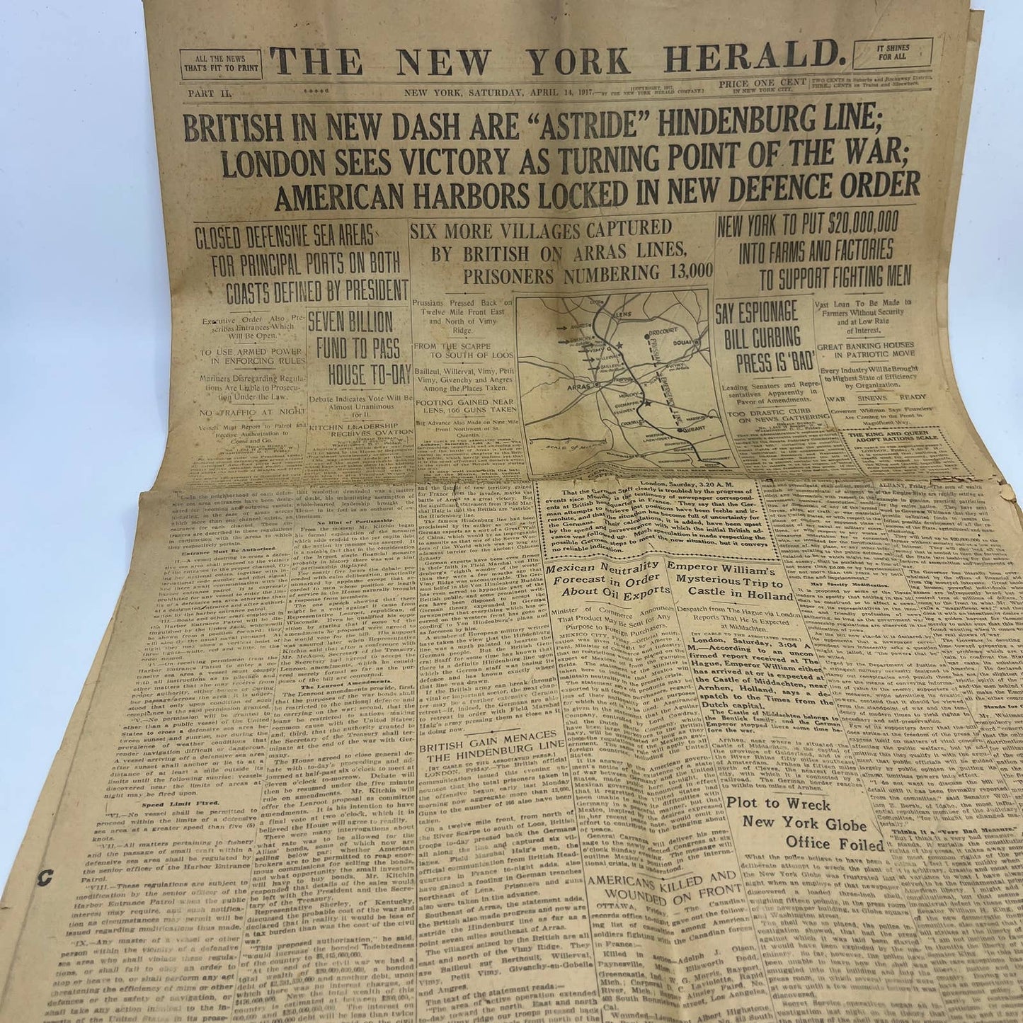 1917 WWI New York Herald Newspaper Apr 14th British Astride Hindenburg Line FL4