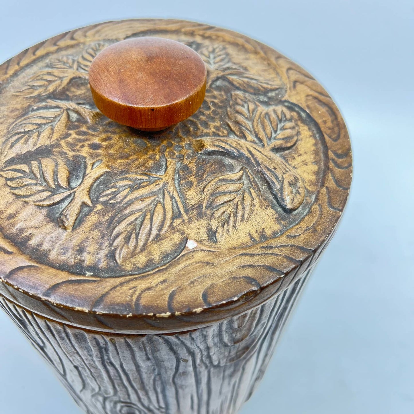 1960s Treasure Craft Owl Flour Canister Ceramic Brown Wood Grain USA TE8