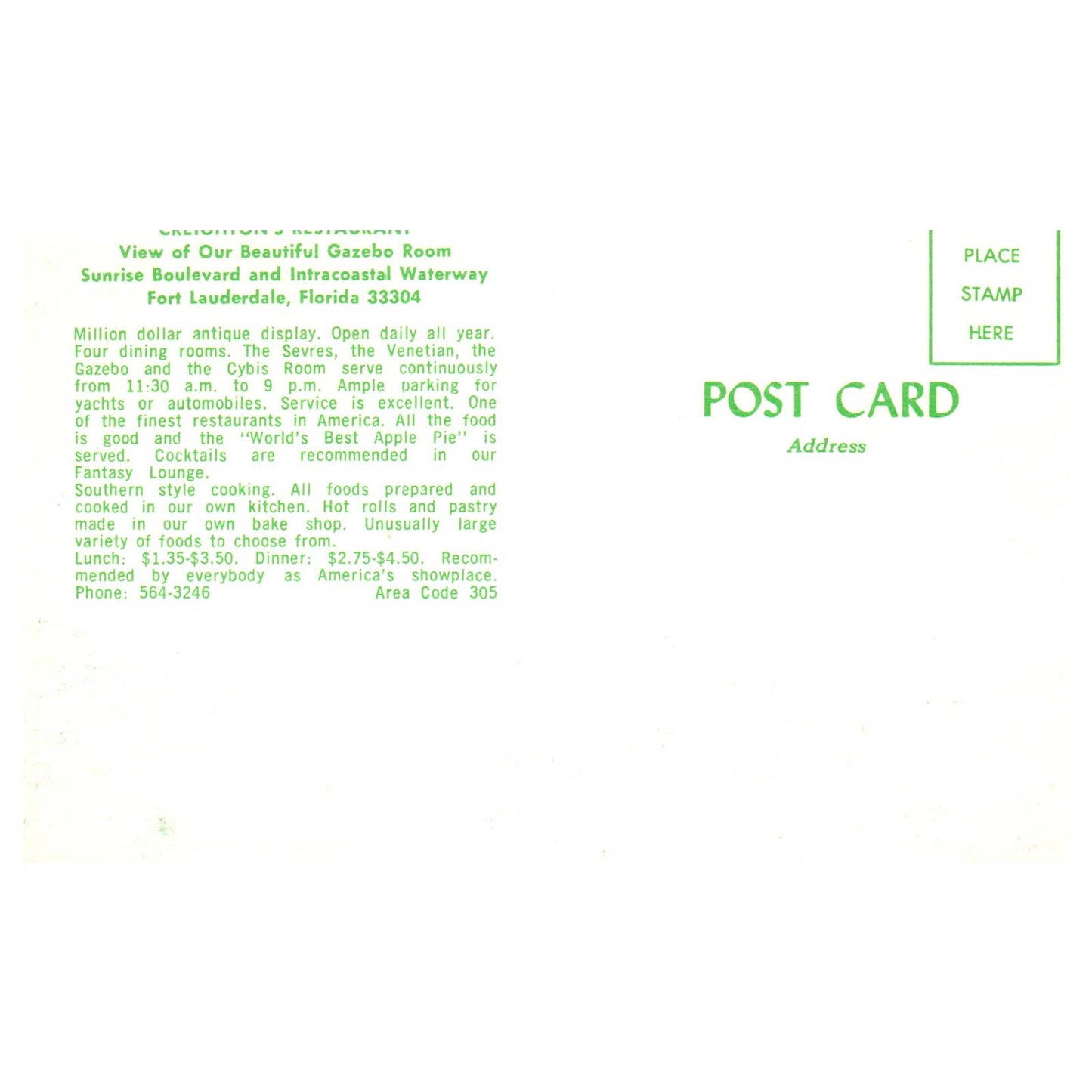 Vtg Postcard - Creighton's Restaurant Gazebo Room View Fort Lauderdale FL AD9