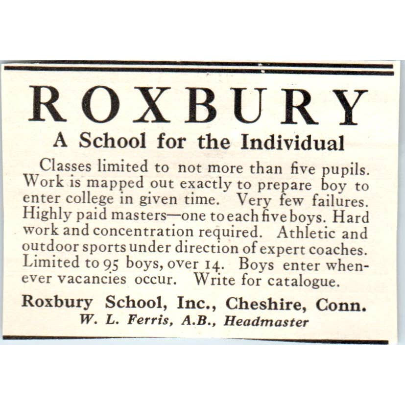c1920 Harper's Magazine Ad - Roxbury School W.L. Ferris Cheshire CT EA3-2