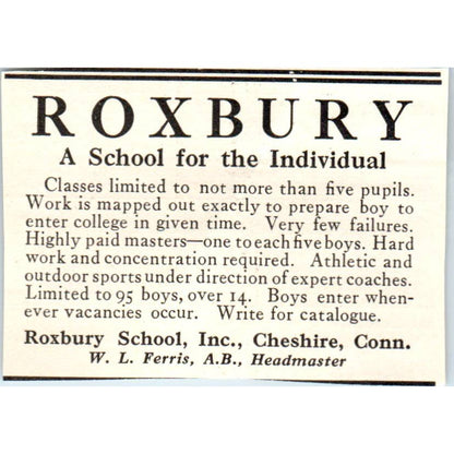 c1920 Harper's Magazine Ad - Roxbury School W.L. Ferris Cheshire CT EA3-2