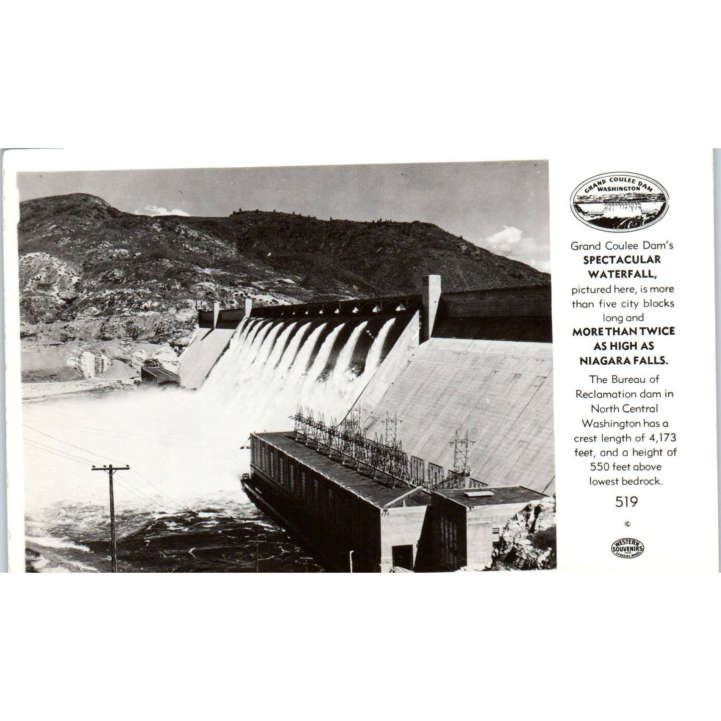 Vintage Postcard Spectacular Waterfall At Grand Coulee Dam Washington TD9-W2