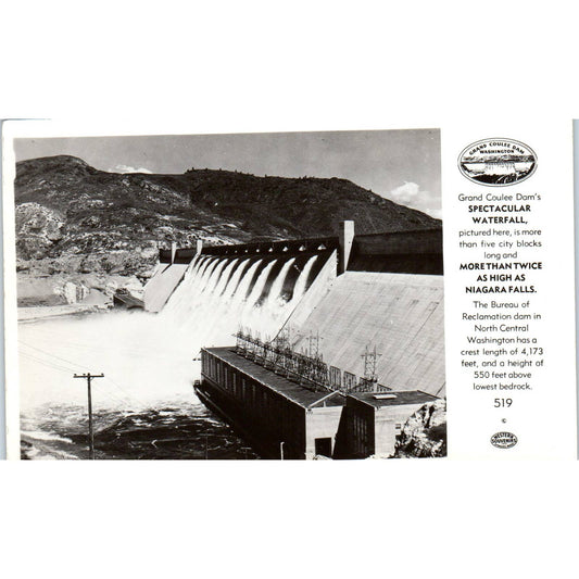 Vintage Postcard Spectacular Waterfall At Grand Coulee Dam Washington TD9-W2