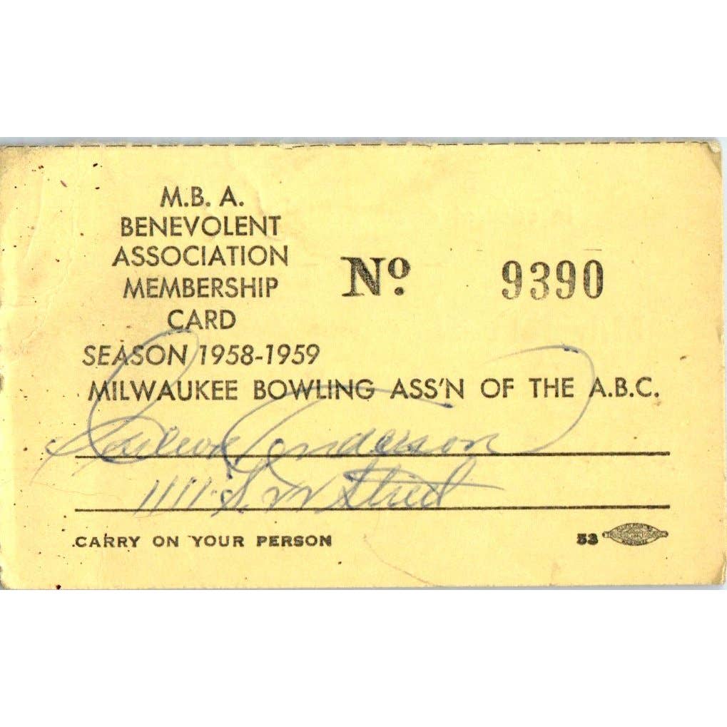 1958 Milwaukee Bowling Association Membership Card Carl W. K. Anderson SE5-6