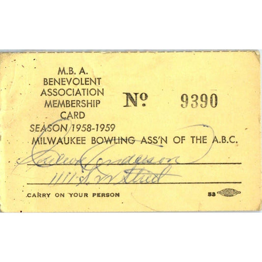 1958 Milwaukee Bowling Association Membership Card Carl W. K. Anderson SE5-6