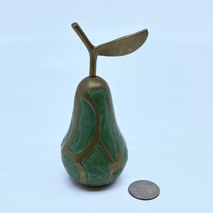 Vintage Brass Pear Figurine Brass W/ Green Enamel Mid Century Figurine 5” TF5