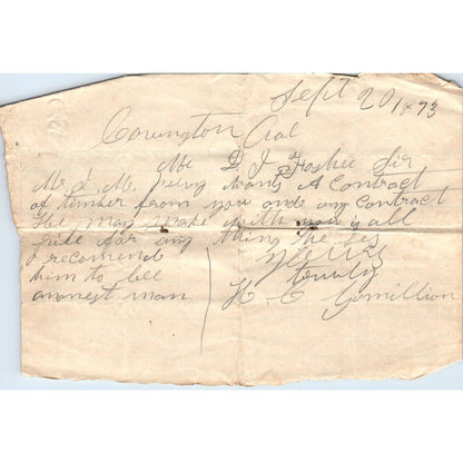 1873 Handwritten Note D.J. Haybec , Peavy Covington Co. Alabama AD6