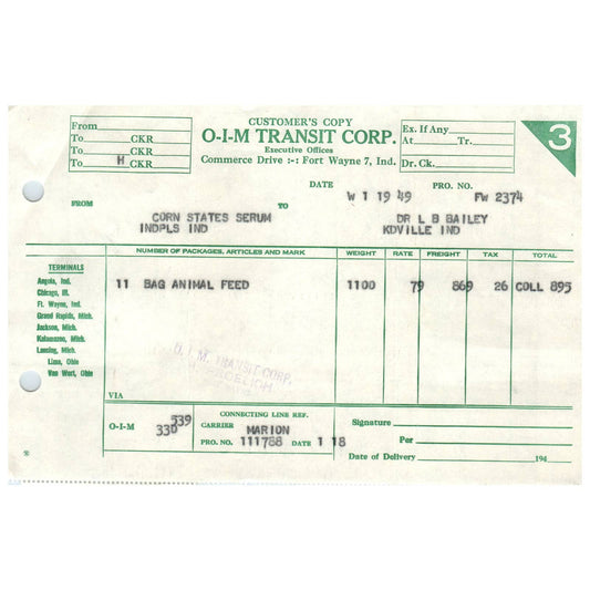 1949 O-I-M Transit Corp Transport Bill to Dr. L.B. Bailey Kendallville IN AD8-2